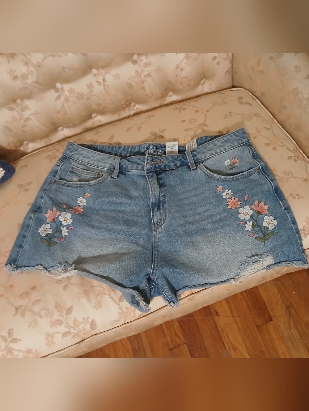Time and Tru Light Blue Denim Shorts with Floral Embroidery - Picture 2 of 6